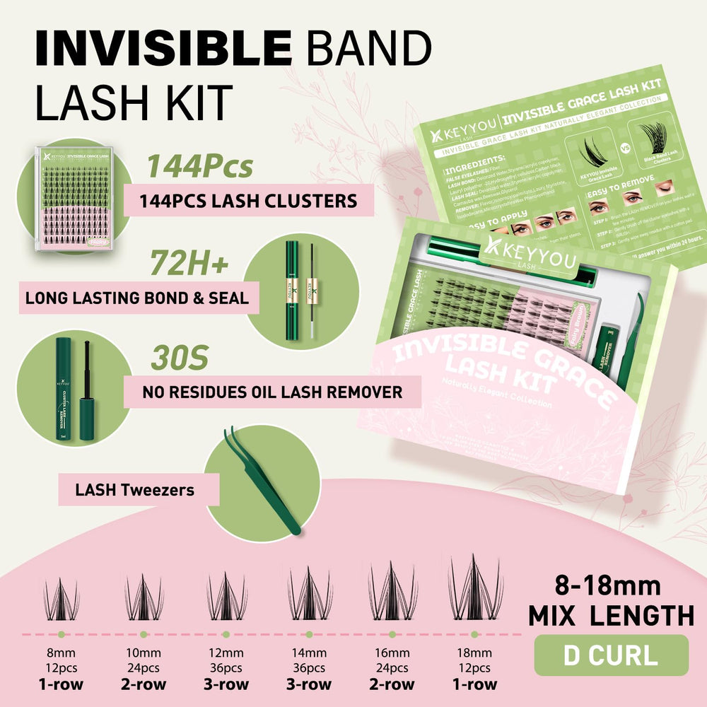 KEYYOU Fairy Lash Clusters Kit contents spread with 144 clusters.