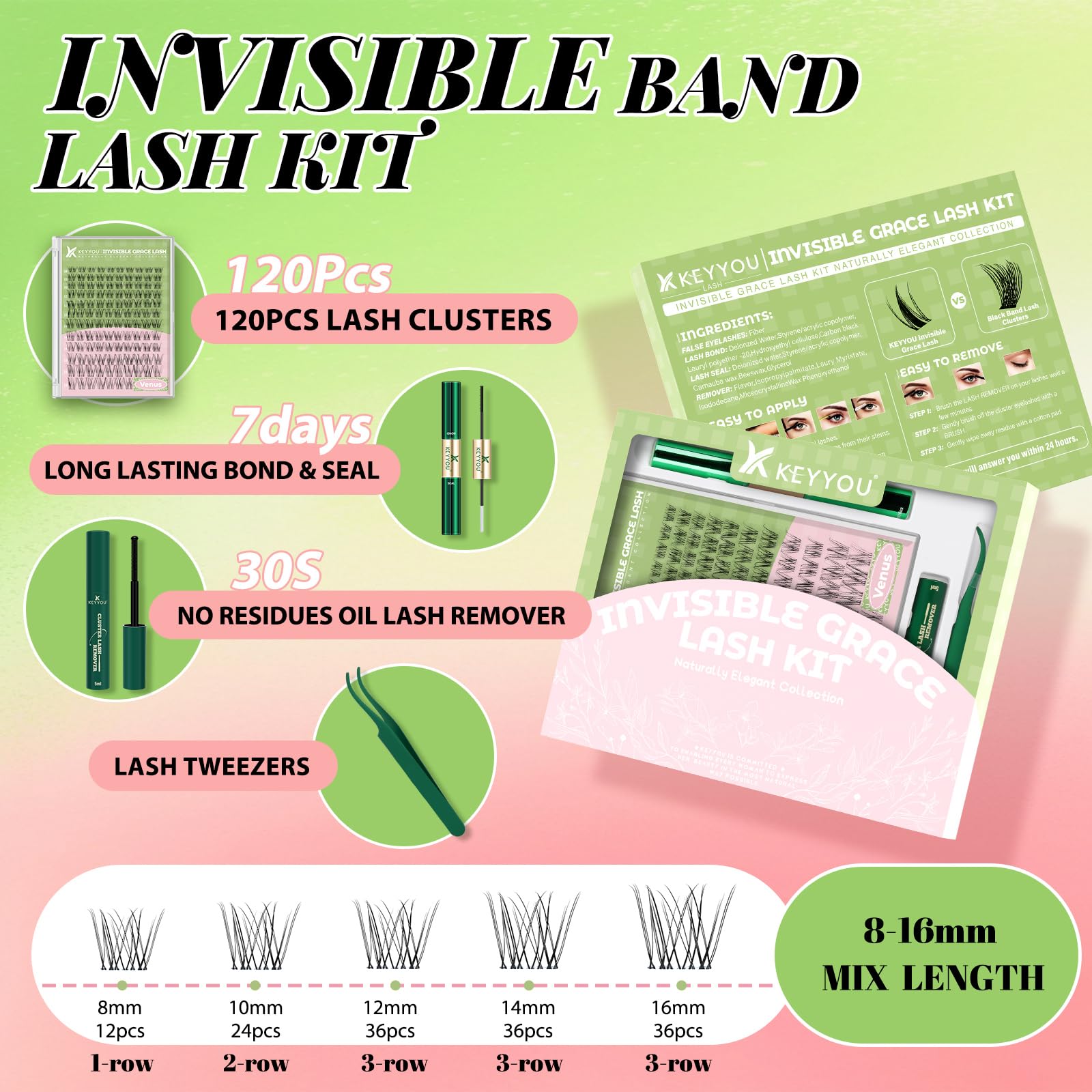 KEYYOU Fairy Venus kit contents reveal lashes, glue, sealer for quick DIY lashes