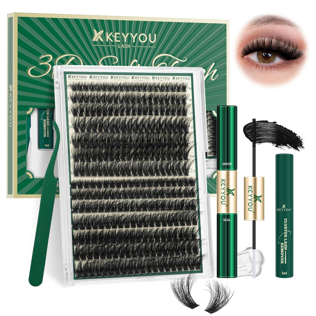 KEYYOU LASH 3D clusters kit, 280pcs, for versatile looks.