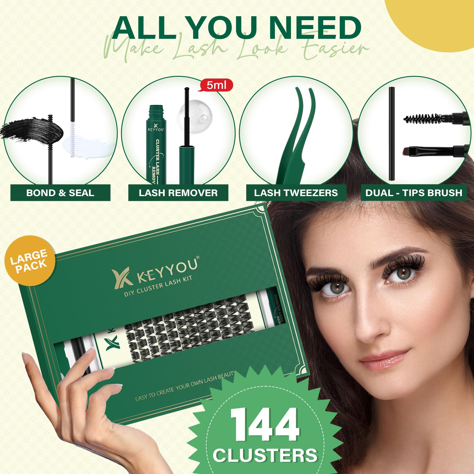 KEYYOU lash clusters kit Y02 dense-style packaging showcases bolder volume option.
