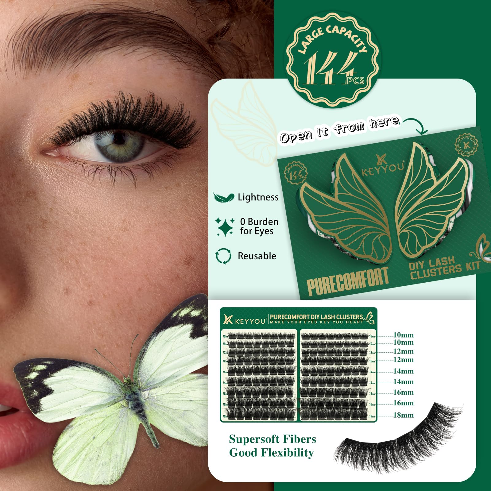 KEYYOU lash-clusters-soft-thick close-up highlights comfortable, lightweight lashes for natural-looking enhancement.