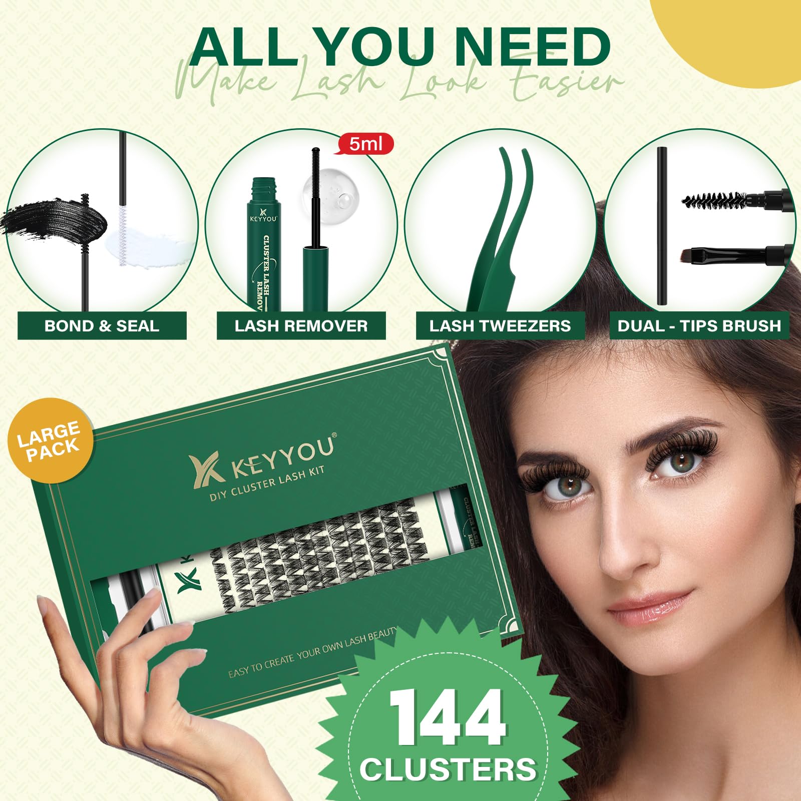 KEYYOU mascara brush included helps blend natural lashes with clusters for seamless look.