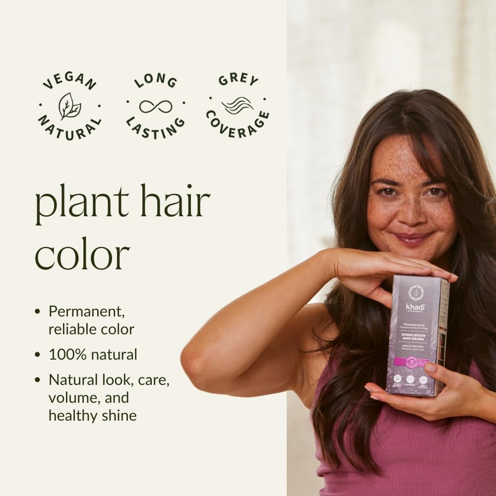 KHADI packaging box reflects traditional Ayurveda branding for earthy hair color.