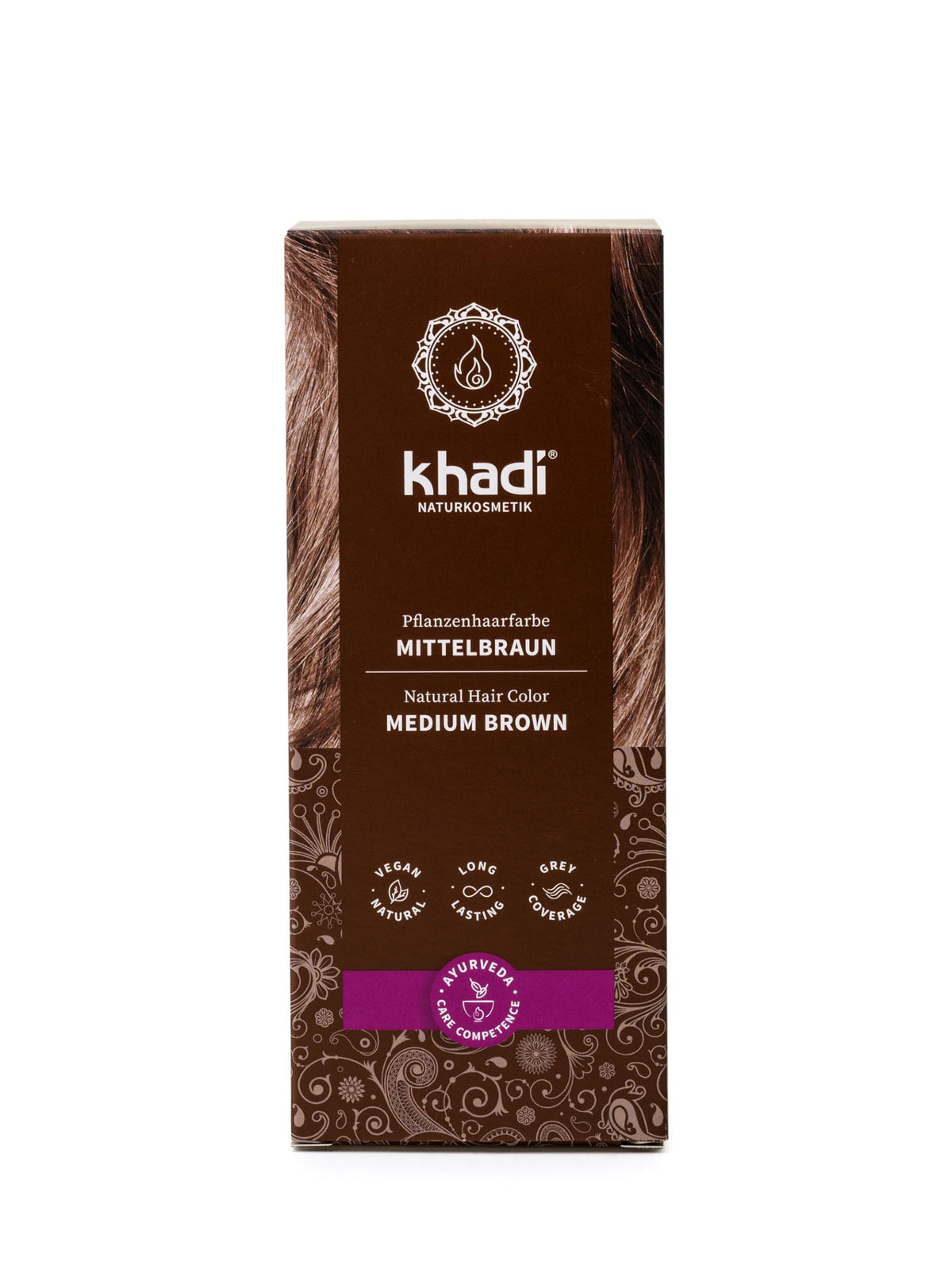 khadi medium brown packaging shows plant-based hair color heritage for natural coverage