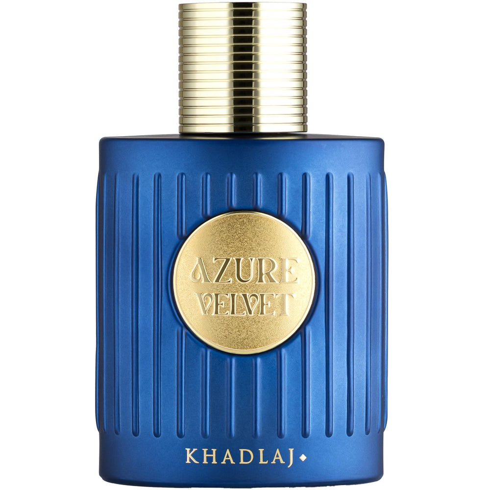 Khadlaj Azure Velvet Extrait De Parfum bottle front, versatile unisex fragrance.