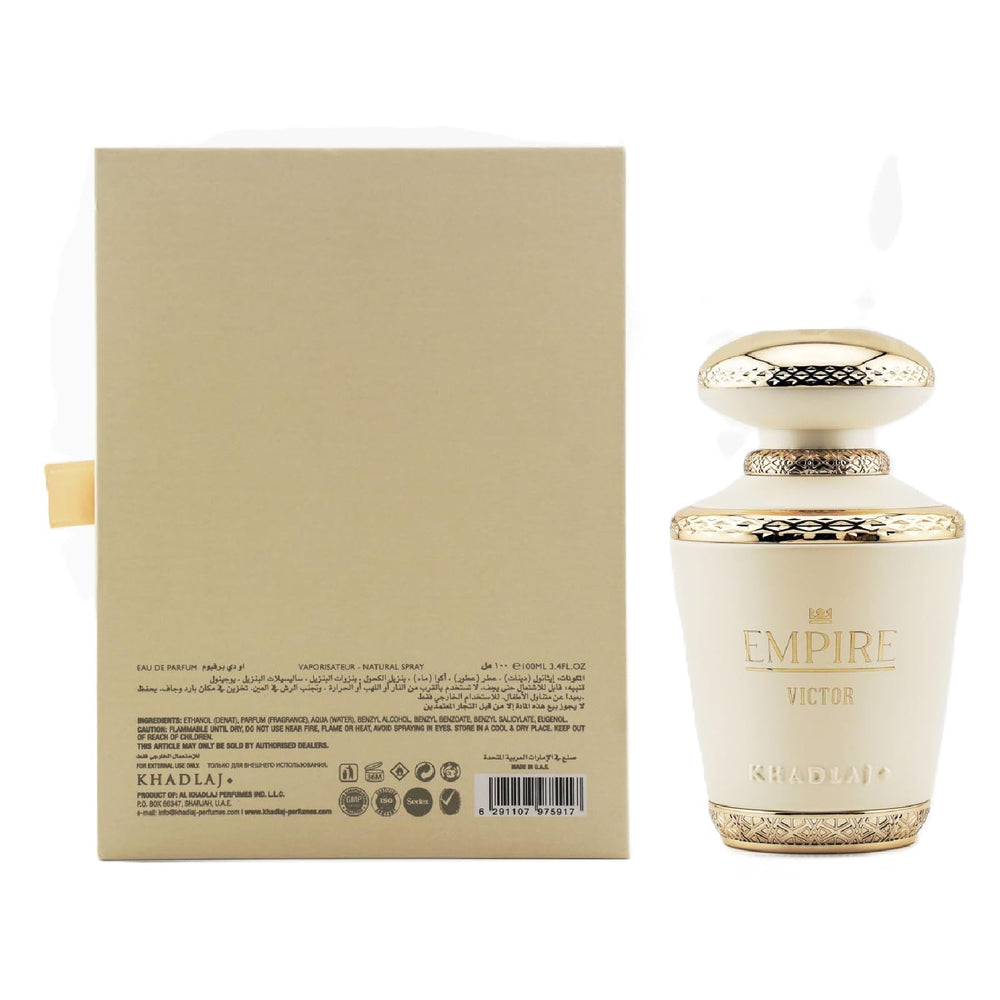 Khadlaj Empire Victor long-lasting scent image highlights durability for all-day confidence.