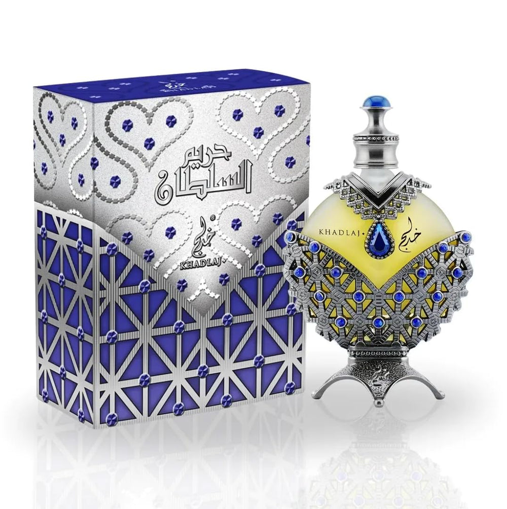 Khadlaj Hareem Al Sultan Blue label—premium branding and luxury feel.