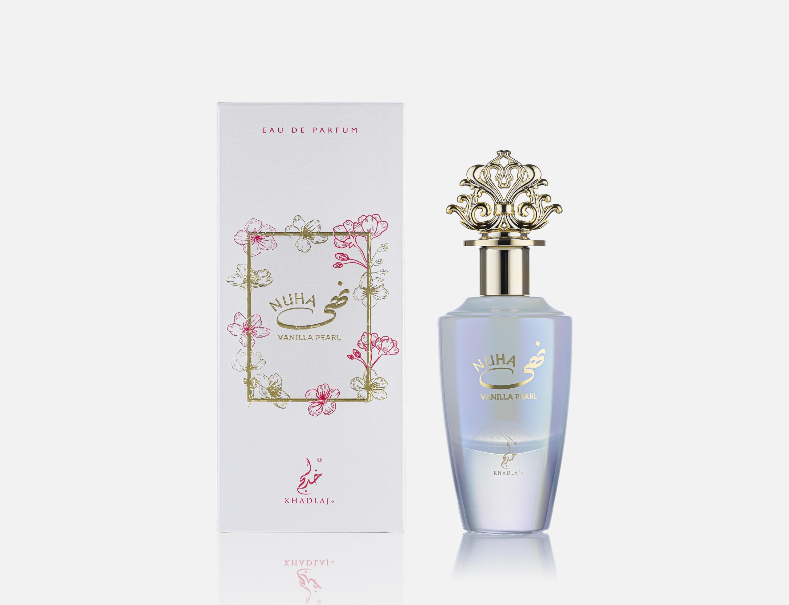 Khadlaj Nuha Vanilla Pearl bottle highlighting a gourmand scent for evening wear.