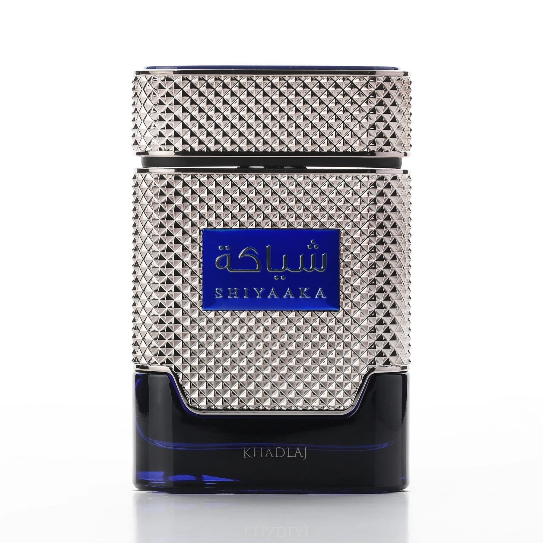 KHADLAJ SHIYAAKA BLUE bottle with grooved metallic finish for everyday confident style.