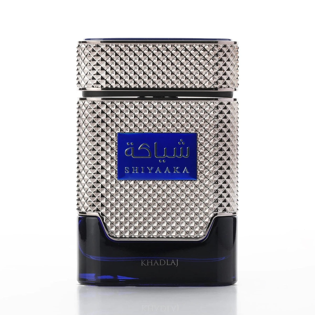 KHADLAJ SHIYAAKA BLUE bottle with grooved metallic finish for everyday confident style.