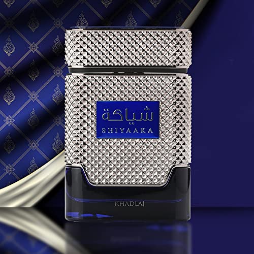 KHADLAJ SHIYAAKA BLUE blue-platinum flacon evokes sophistication for day and night wear.