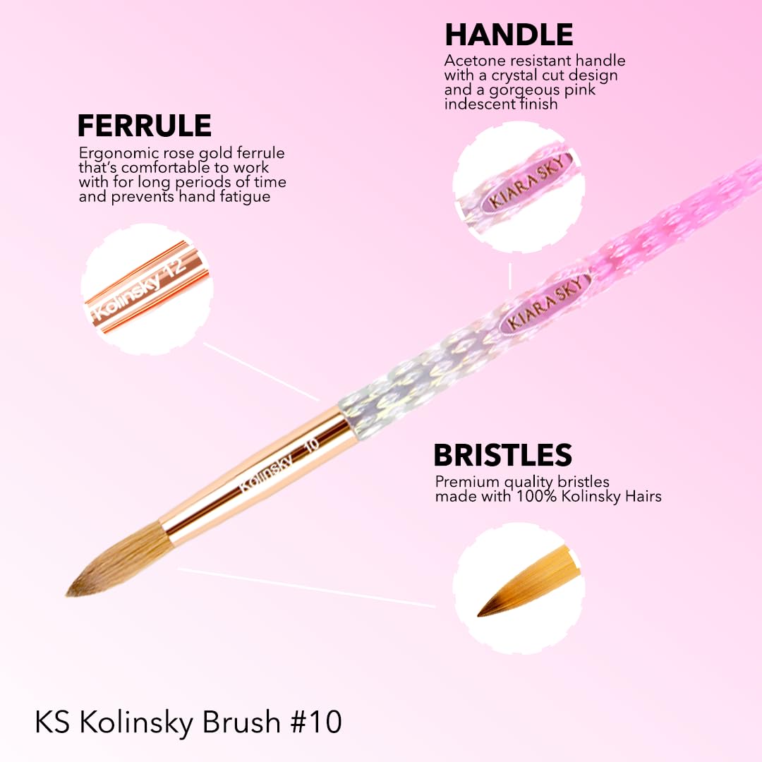 Kiara Sky acrylic brush 10 acetone-resistant base enhances durability in salon cleaning.