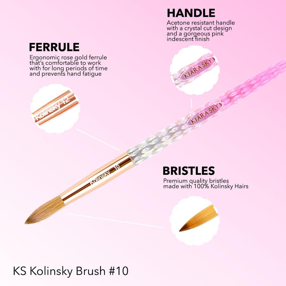 Kiara Sky acrylic brush 10 acetone-resistant base enhances durability in salon cleaning.