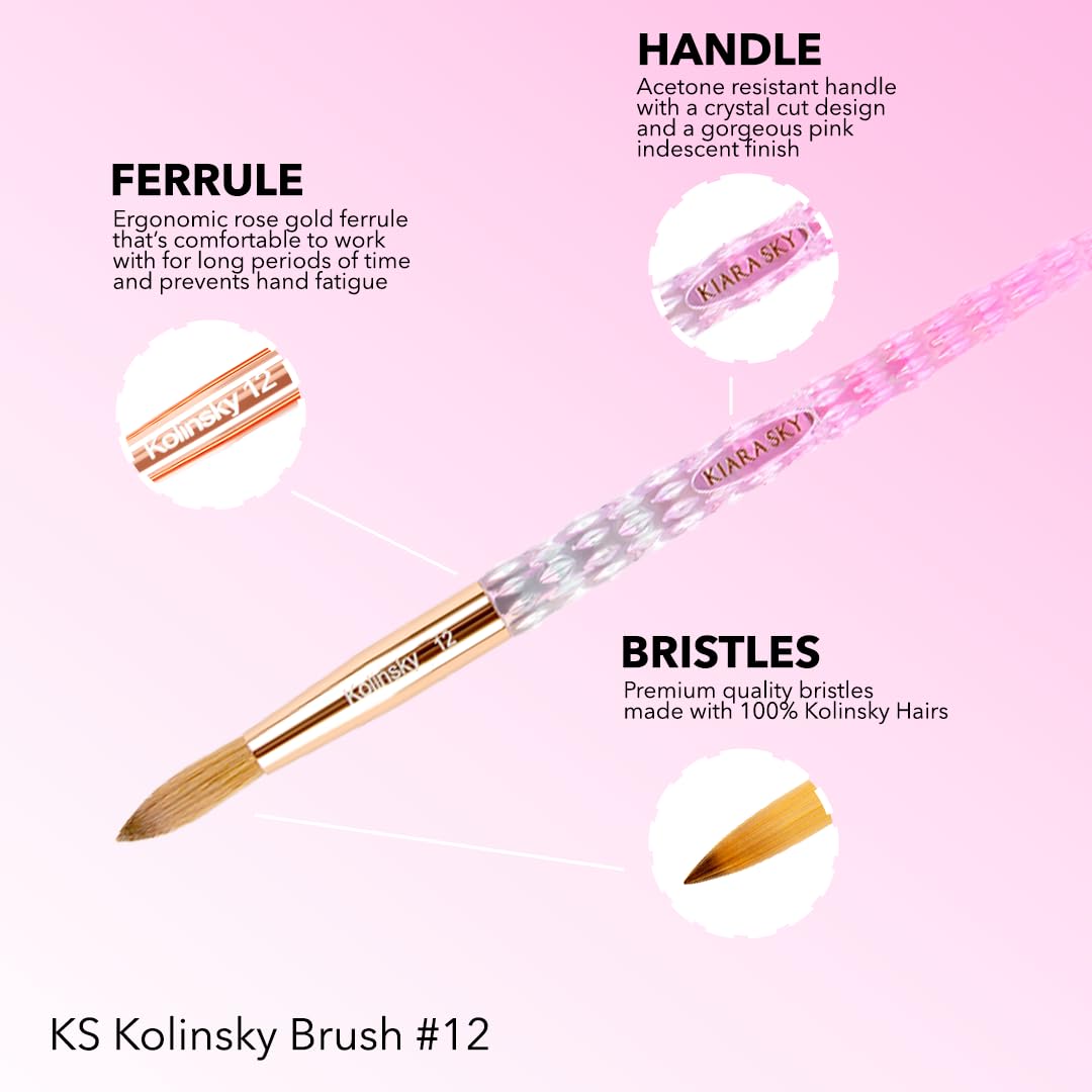 Kiara Sky acrylic brush 12 pink acetone-resistant base for durability.