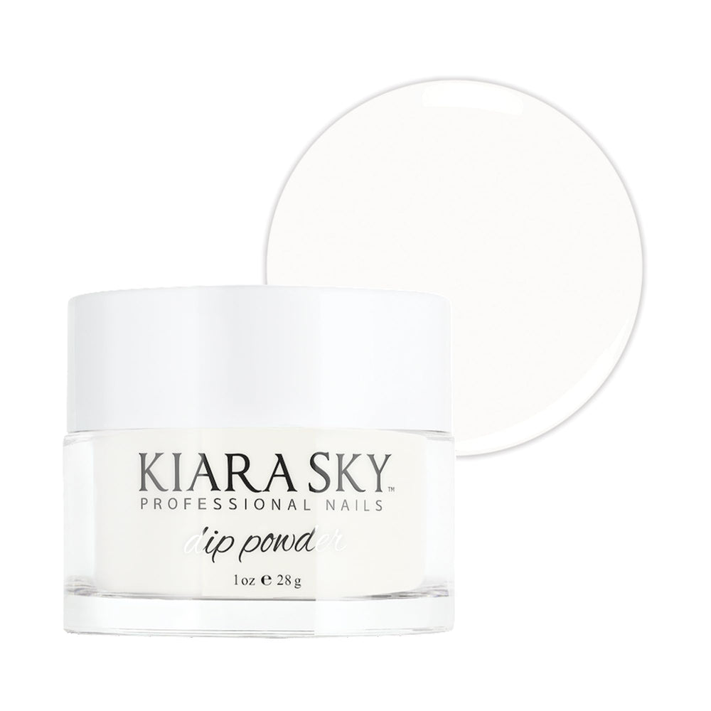 Kiara Sky Dip Powder Milky White en botella, tono cremoso para uñas duraderas.