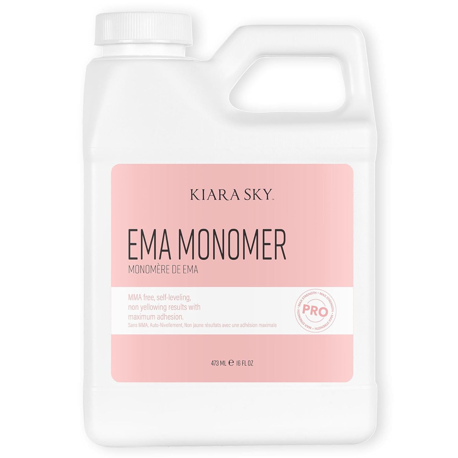 Kiara Sky EMA Monomer bottle close-up showing clear formula for bubble-free acrylic nails