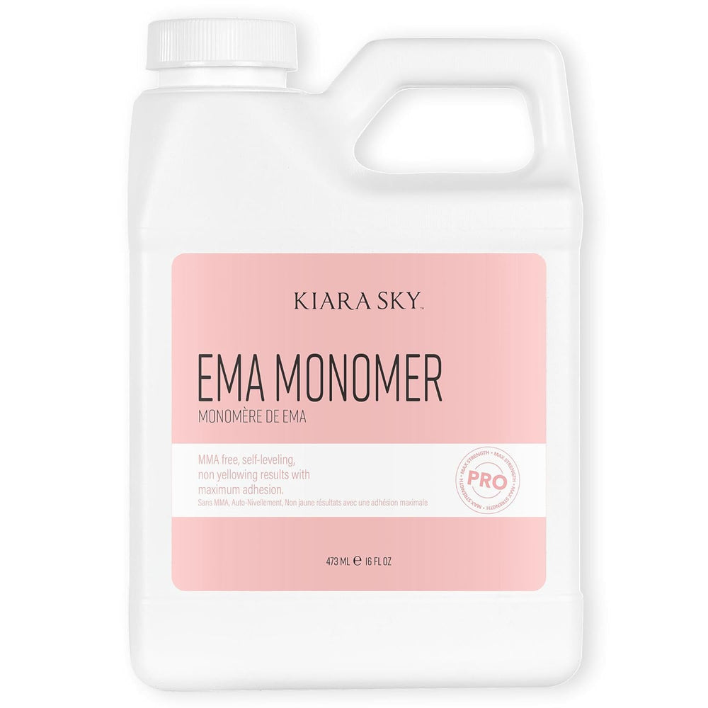 Kiara Sky EMA Monomer bottle close-up showing clear formula for bubble-free acrylic nails