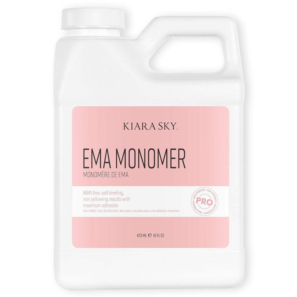 Kiara Sky EMA Monomer bottle close-up showing clear formula for bubble-free acrylic nails