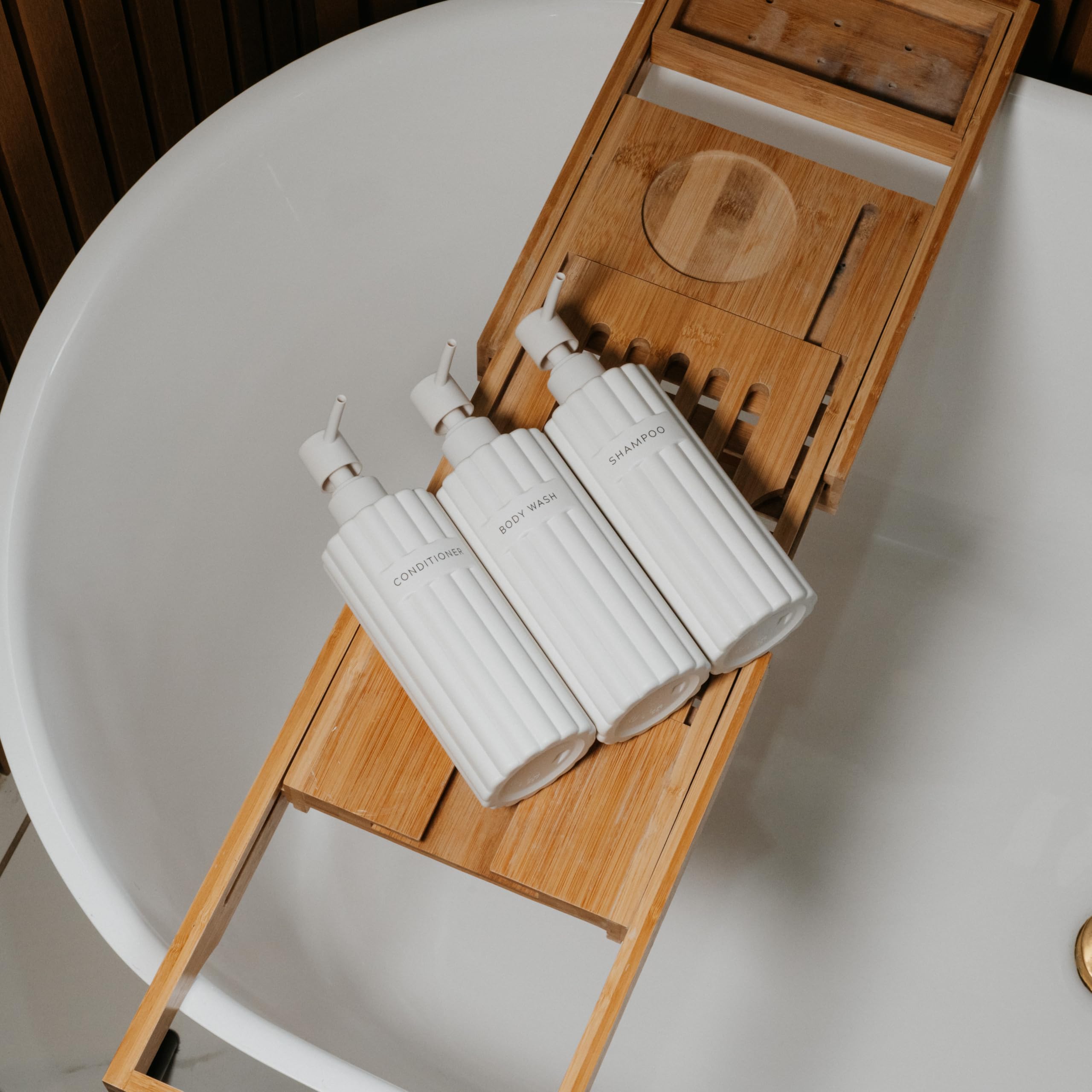 KIBAGA beige-PET bottle adds modern, durable look to bathroom decor.
