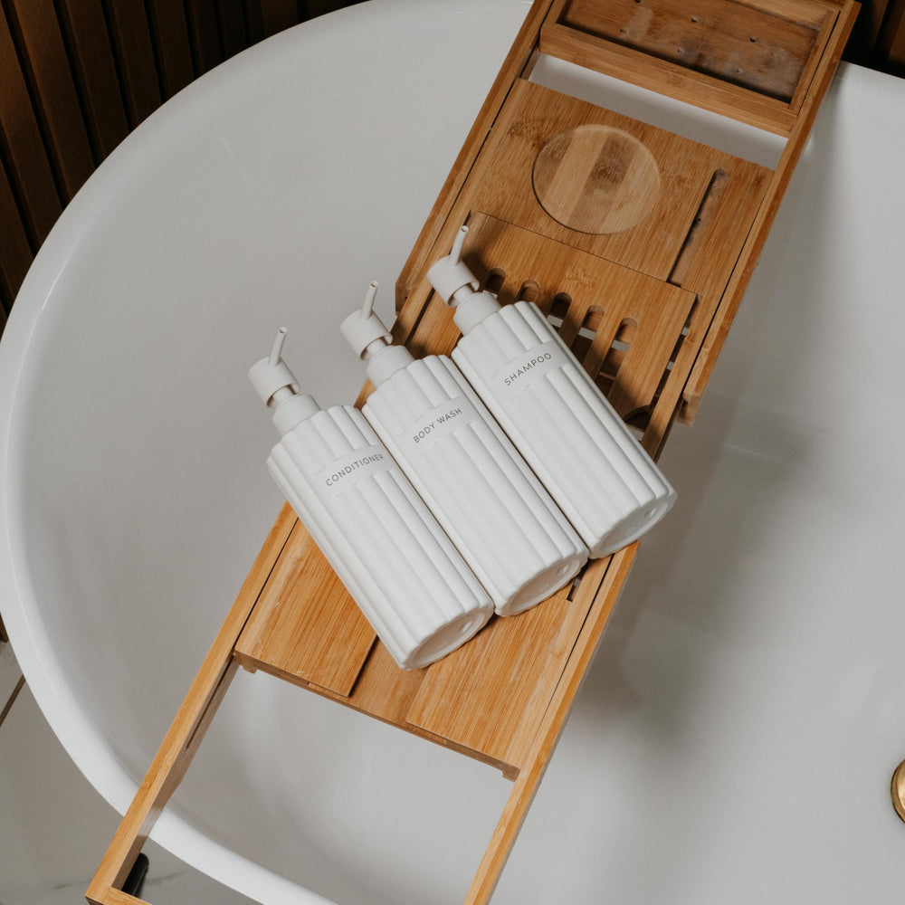 KIBAGA beige-PET bottle adds modern, durable look to bathroom decor.