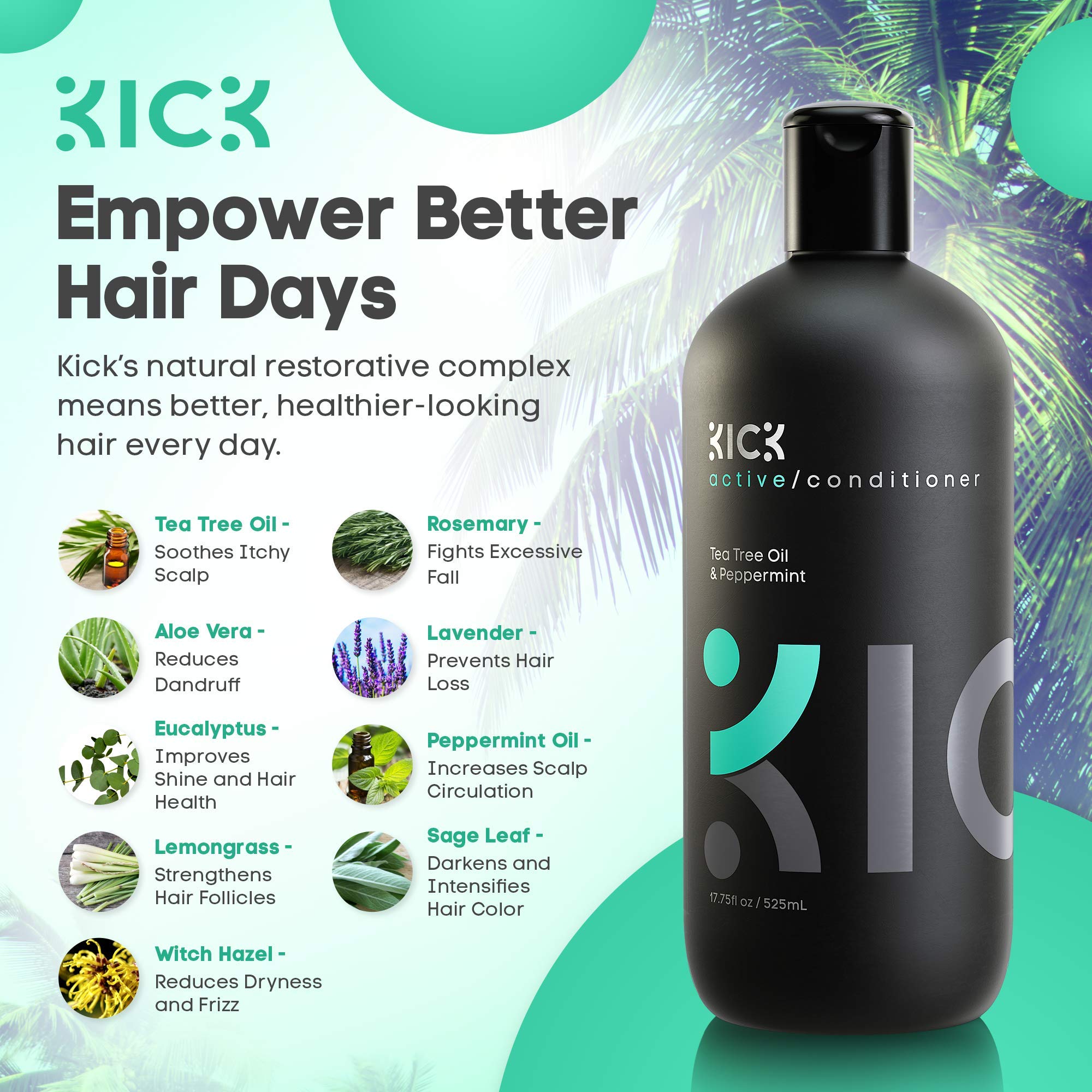 Kick Mens Conditioner enzymes boost hydration and moisture retention in hair.