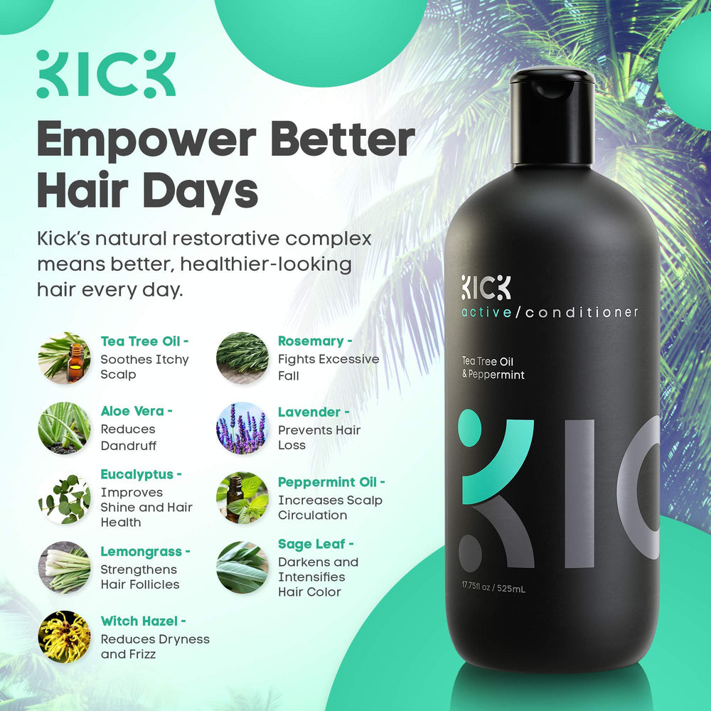 Kick Mens Conditioner enzymes boost hydration and moisture retention in hair.