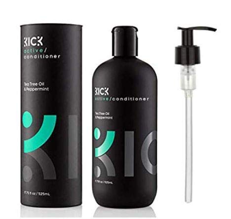 Kick Mens Conditioner bottle with tea tree pump for energized morning routine.