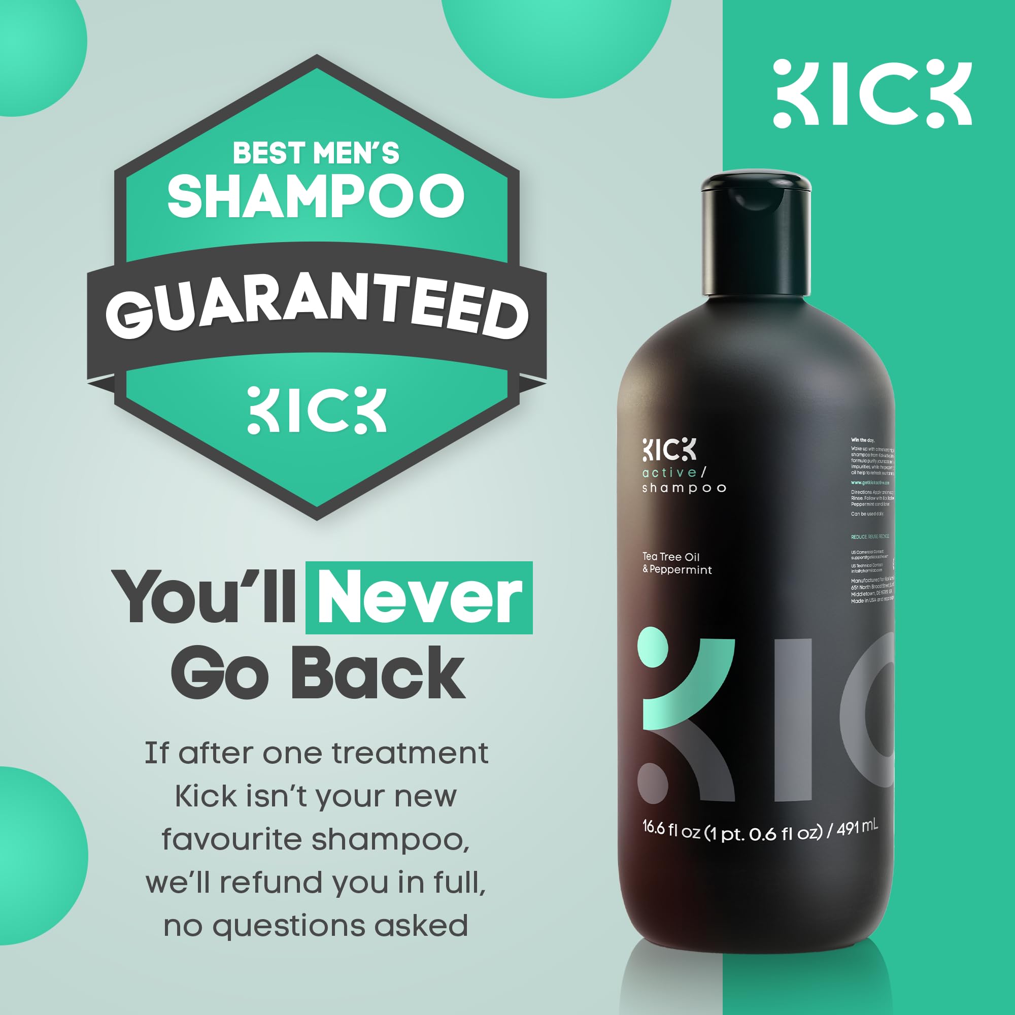 Kick Mens Shampoo product shot on bathroom shelf for daily hair care
