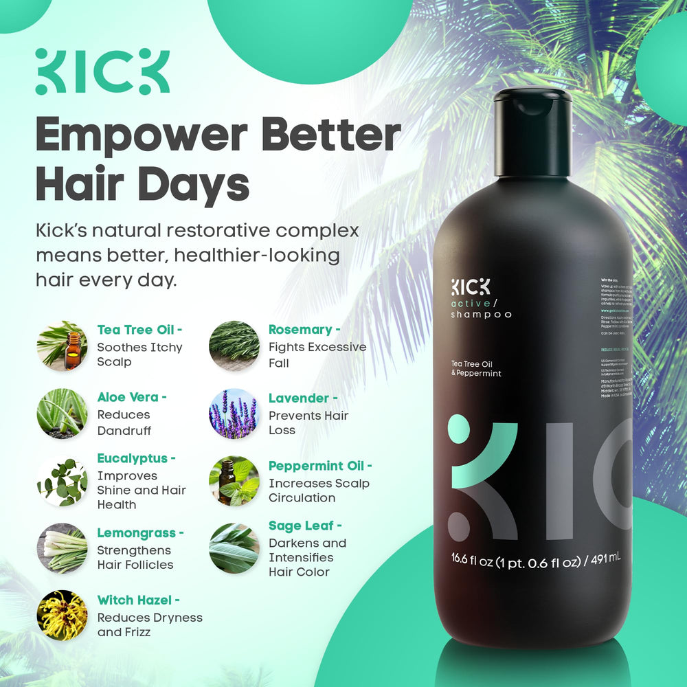 Kick Mens Shampoo peppermint oil drops emphasizing refreshing cooling sensation