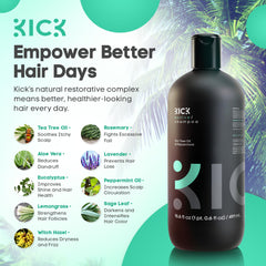 Kick Mens Shampoo peppermint oil drops emphasizing refreshing cooling sensation