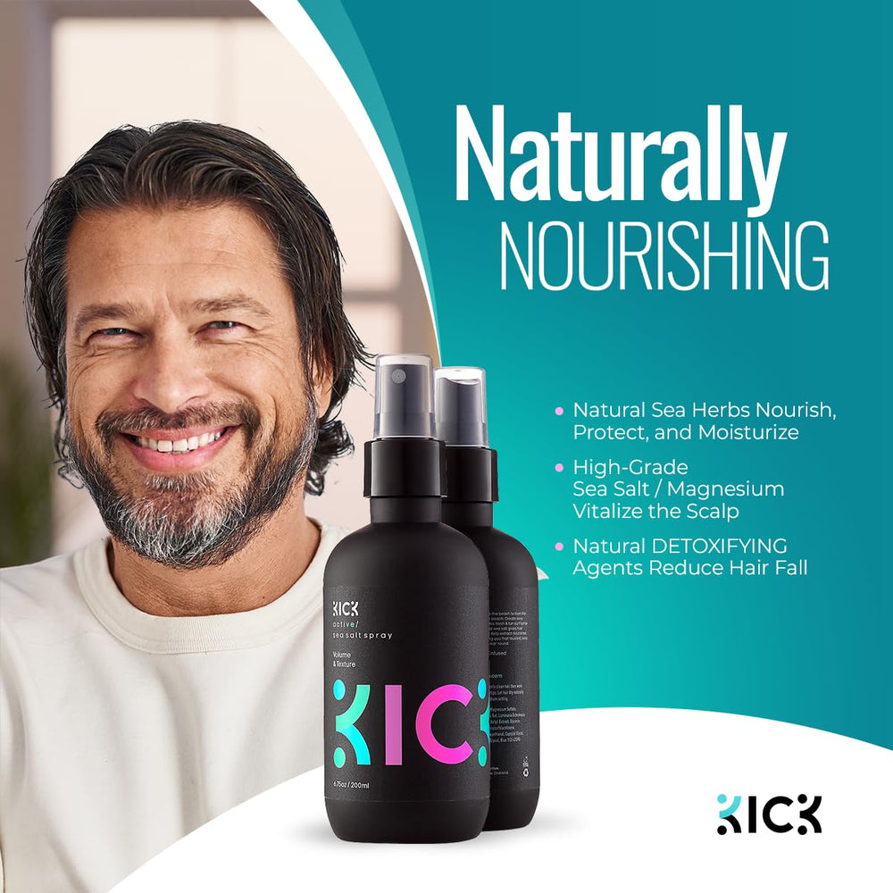 Kick Sea Salt Spray packaging display clean, cruelty-free formulation.