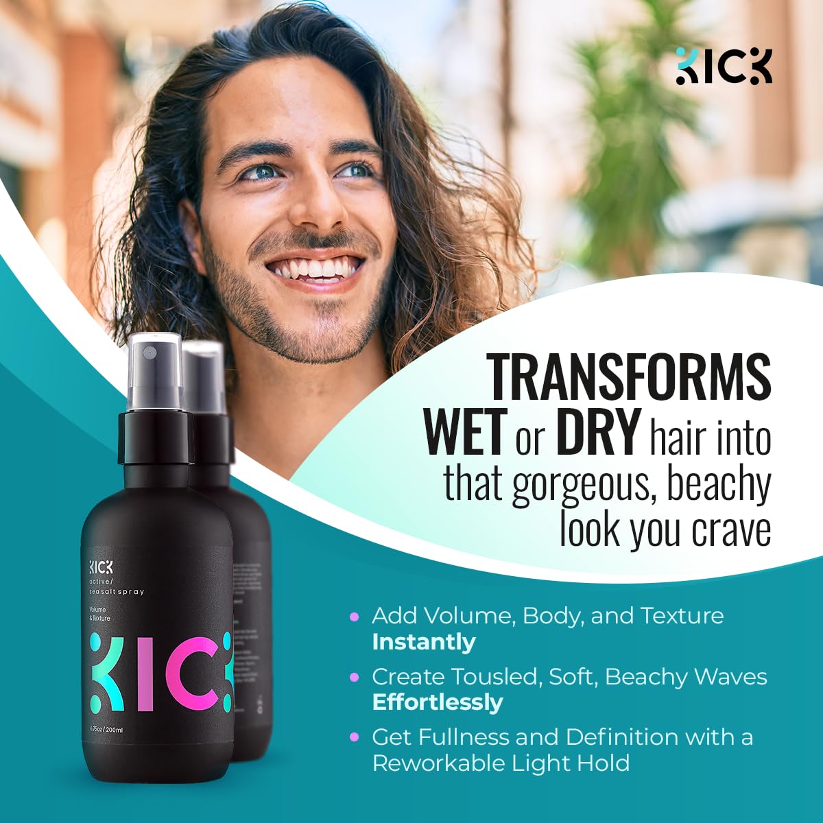 Kick Sea Salt Spray textured waves natural look with added volume.