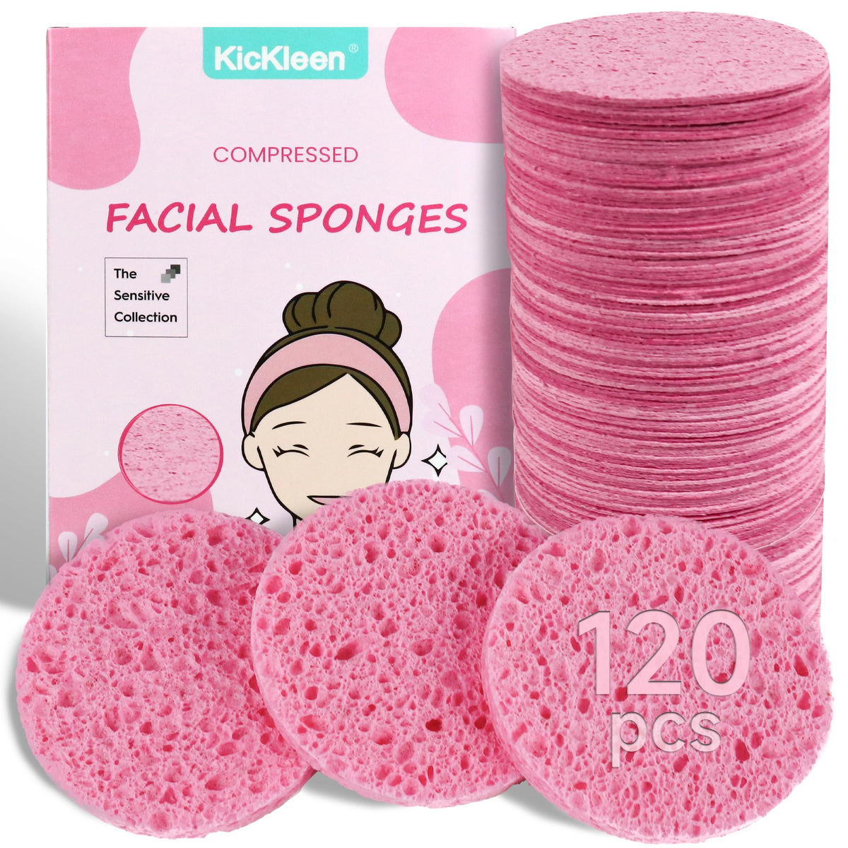 Kickleen 120-count compressed facial sponges packaging in pink for convenient daily cleansing.