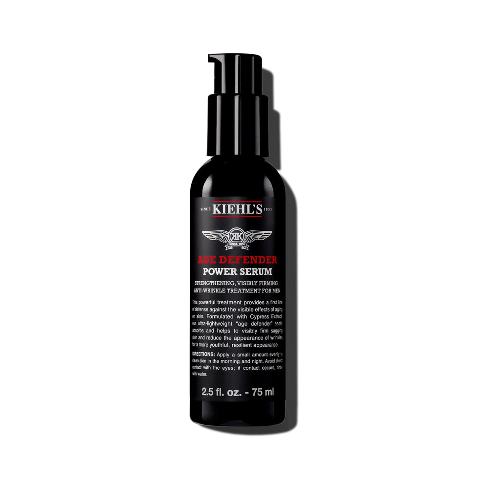 Kiehl's Age Defender Power Serum bottle shows quick-absorbing finish for men's skin.