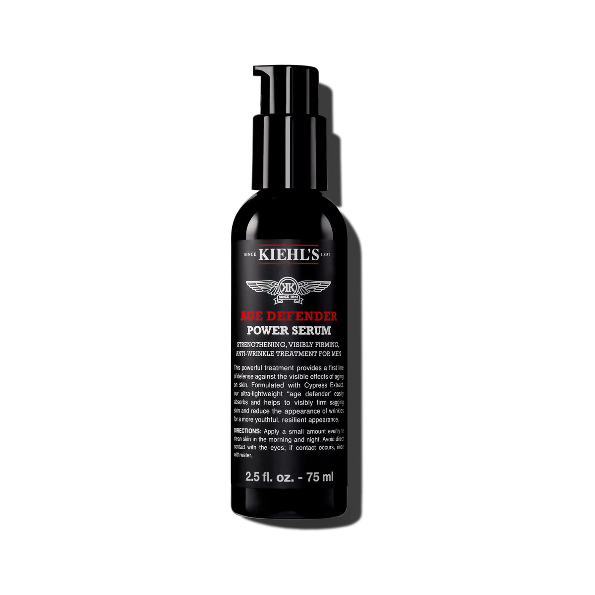 Kiehl's Age Defender Power Serum bottle shows quick-absorbing finish for men's skin.