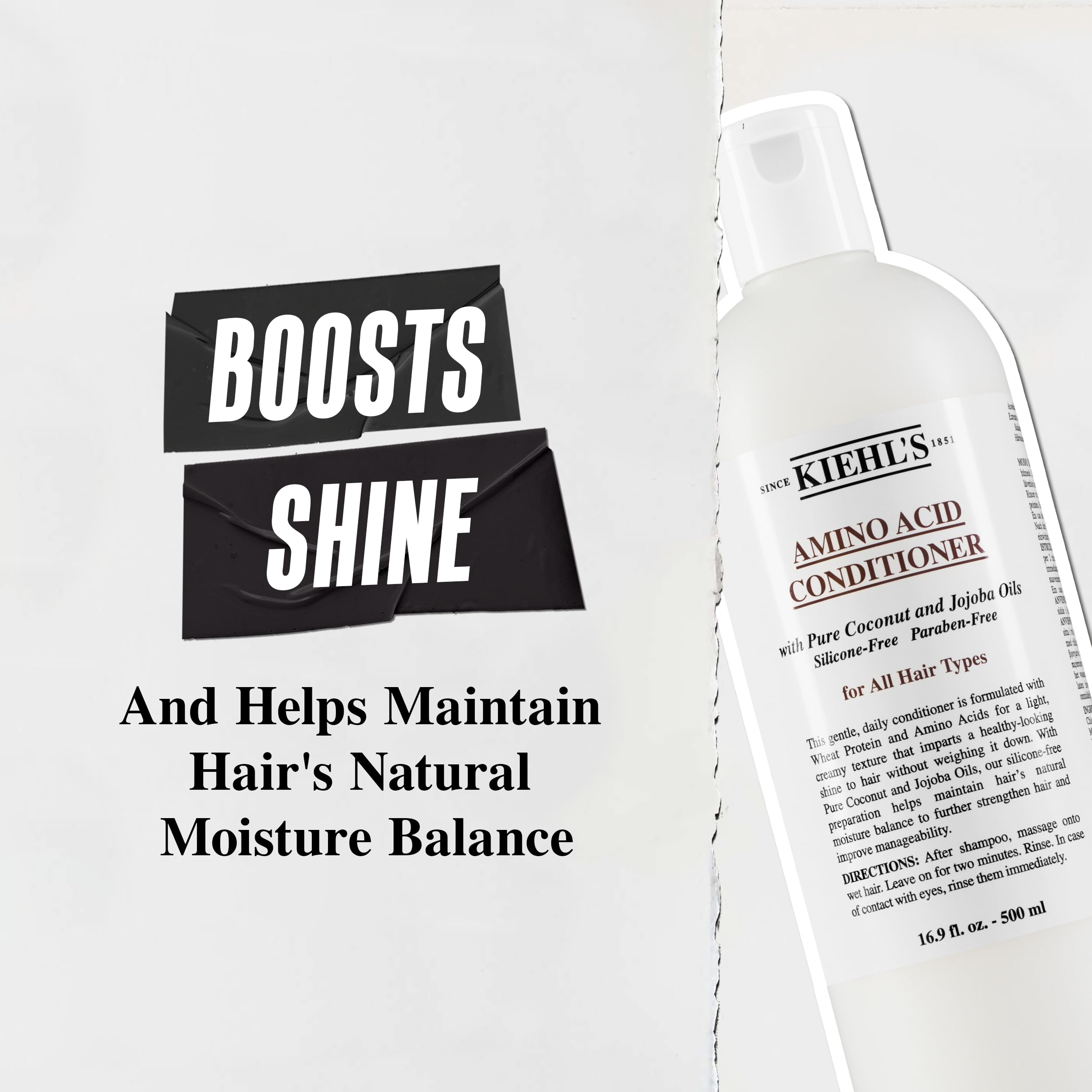Kiehl's Amino Acid Conditioner after-shine closeup shows glossy, healthy-looking strands.