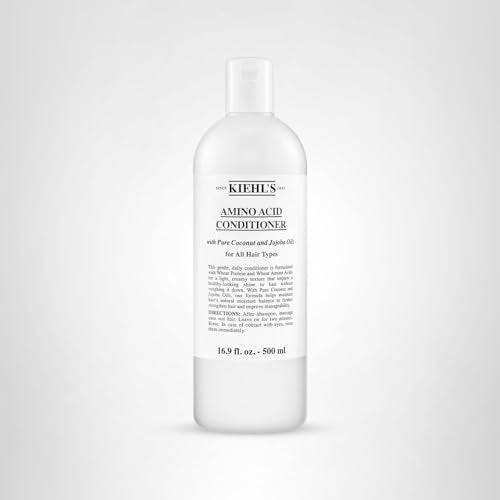 Kiehl's Amino Acid Conditioner packaging front highlights all hair types suitability.