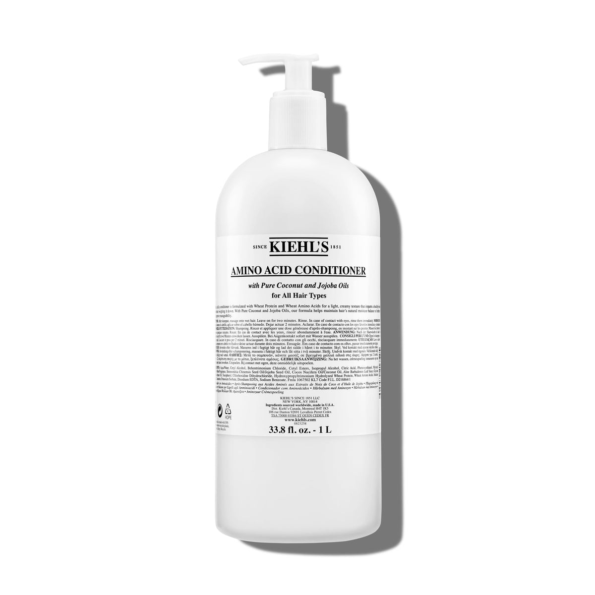 Kiehl's Amino Acid Conditioner bottle with pump for easy daily nourishment and detangling.
