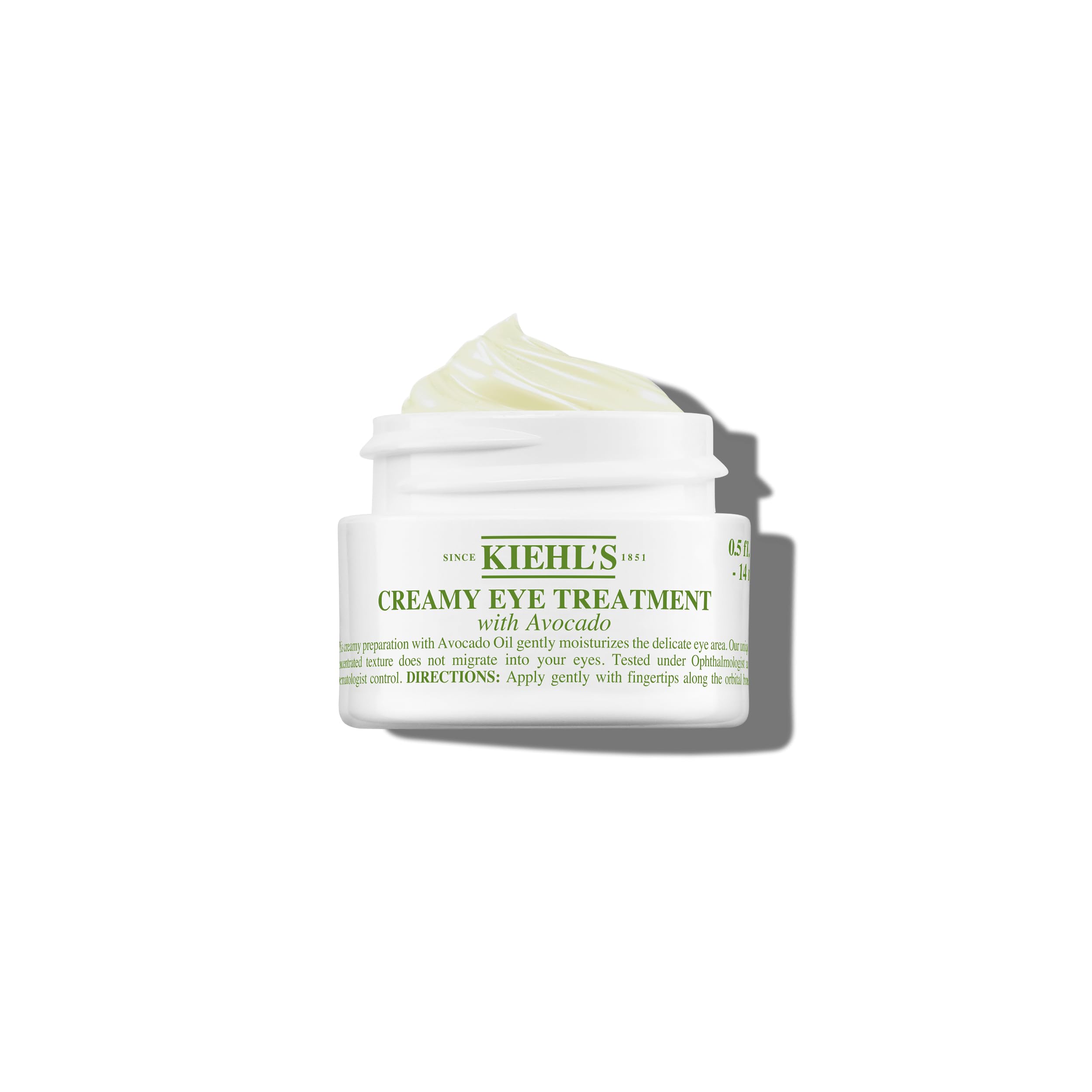 Kiehl's Avocado Eye Treatment jar closeup showing creamy hydration for tired eyes