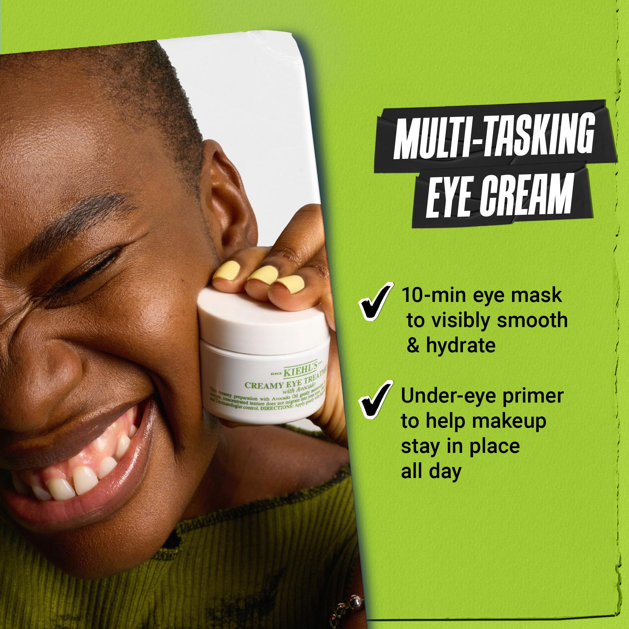 Kiehl's Avocado Eye Treatment packaging on display highlights nourishing formula.