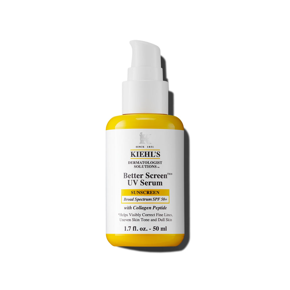 Kiehl's Better Screen UV Serum bottle close-up showing invisible finish across skin tones.