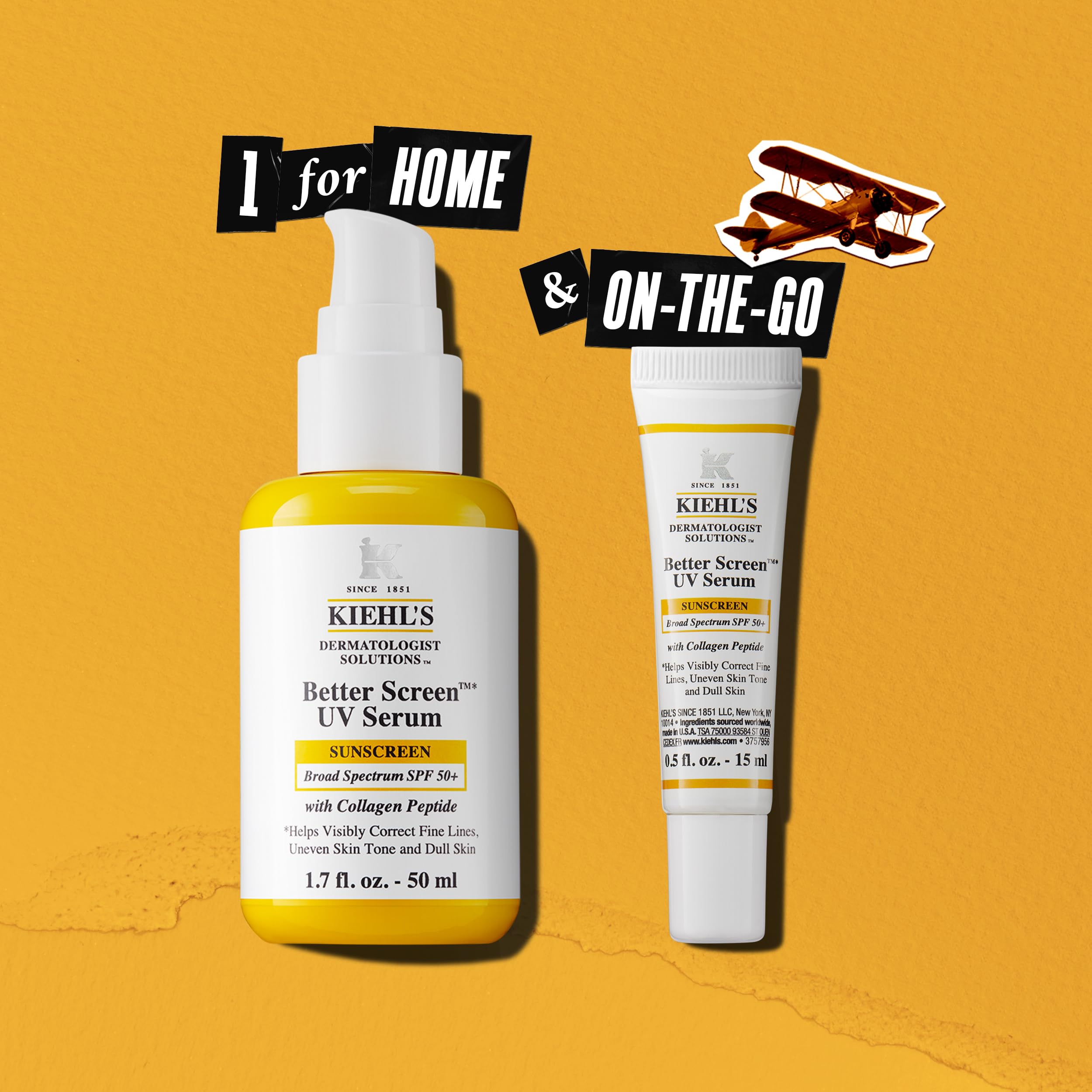Kiehl's Better Screen UV Serum UV filters diagram demonstrates UVA/UVB protection.