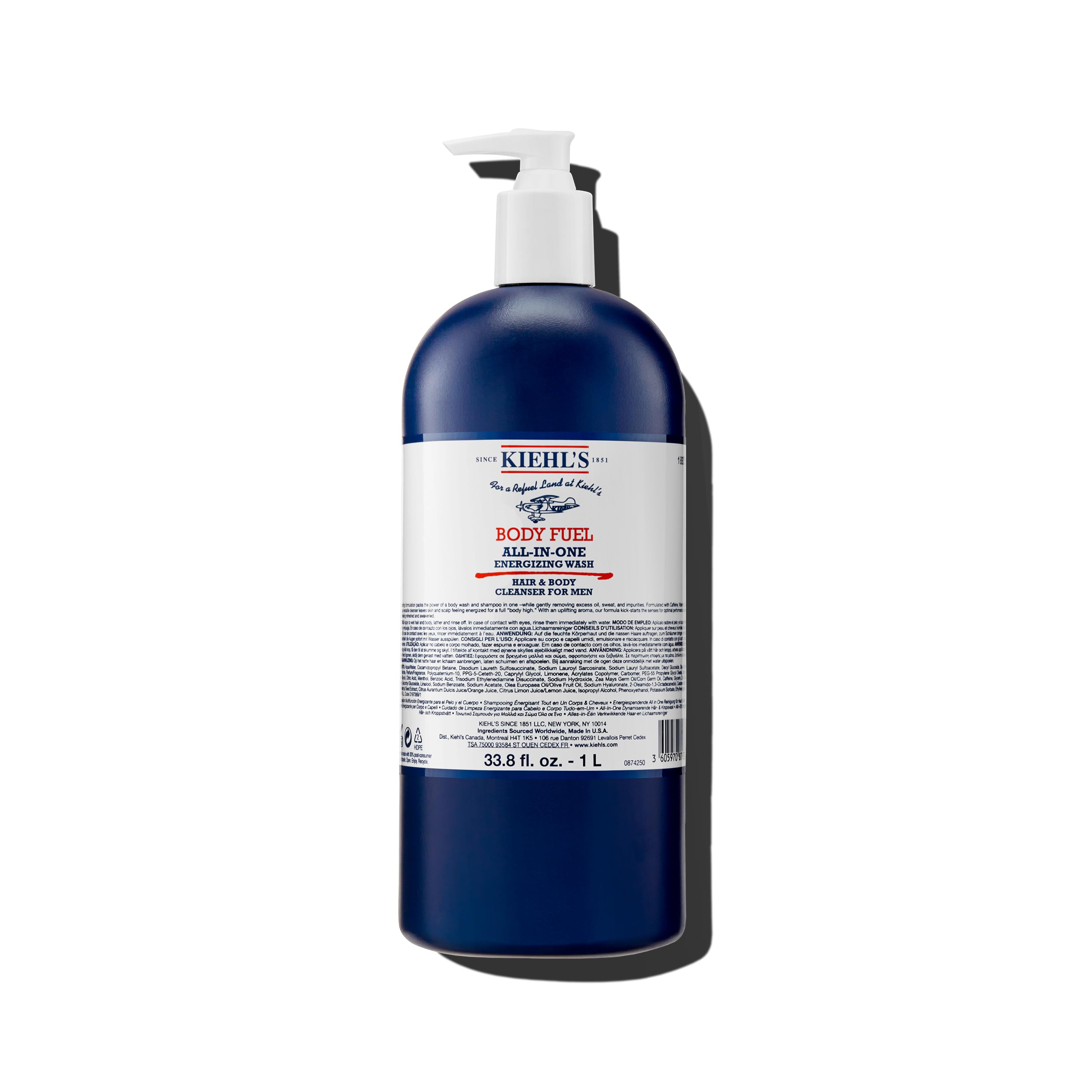 Kiehl's Body Fuel bottle pour shows menthol cooling for an energizing morning wash.