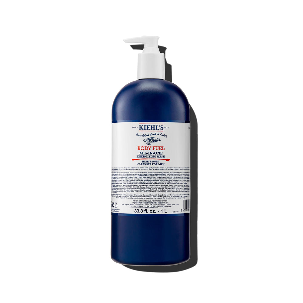 Kiehl's Body Fuel bottle pour shows menthol cooling for an energizing morning wash.