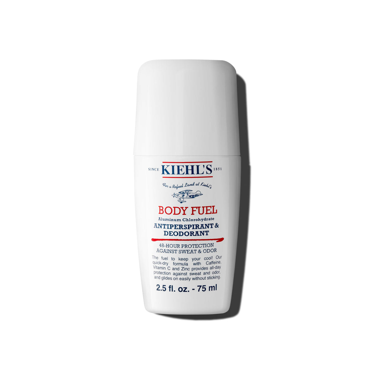 Kiehl's Body Fuel roll-on application delivers smooth glide for all-day freshness and odor control.