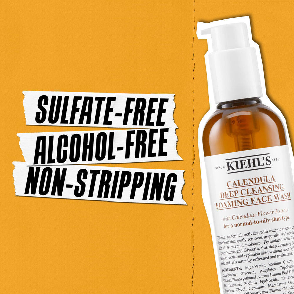 Kiehl's Calendula face wash hand-foam shows easy massage for refreshed skin.