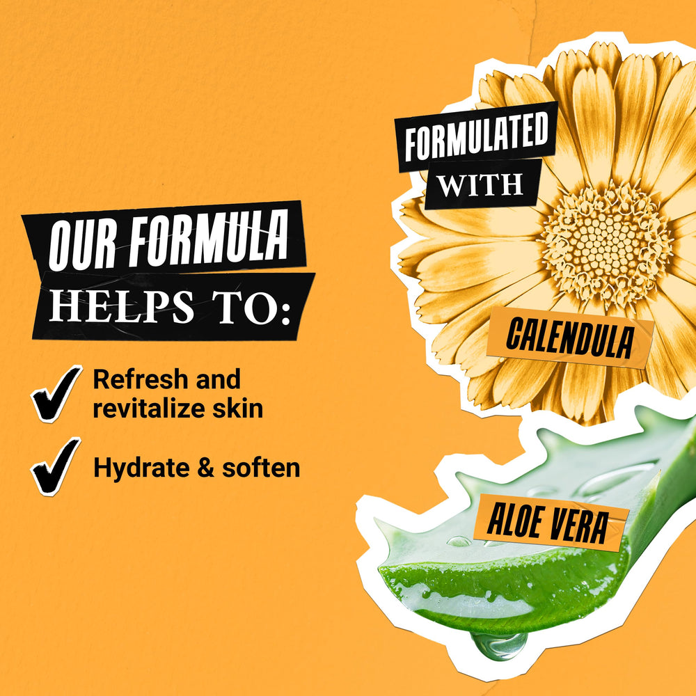 Kiehl's Calendula mask closeup emphasizes calendula petals and aloe soothing essence.