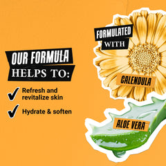 Kiehl's Calendula mask closeup emphasizes calendula petals and aloe soothing essence.