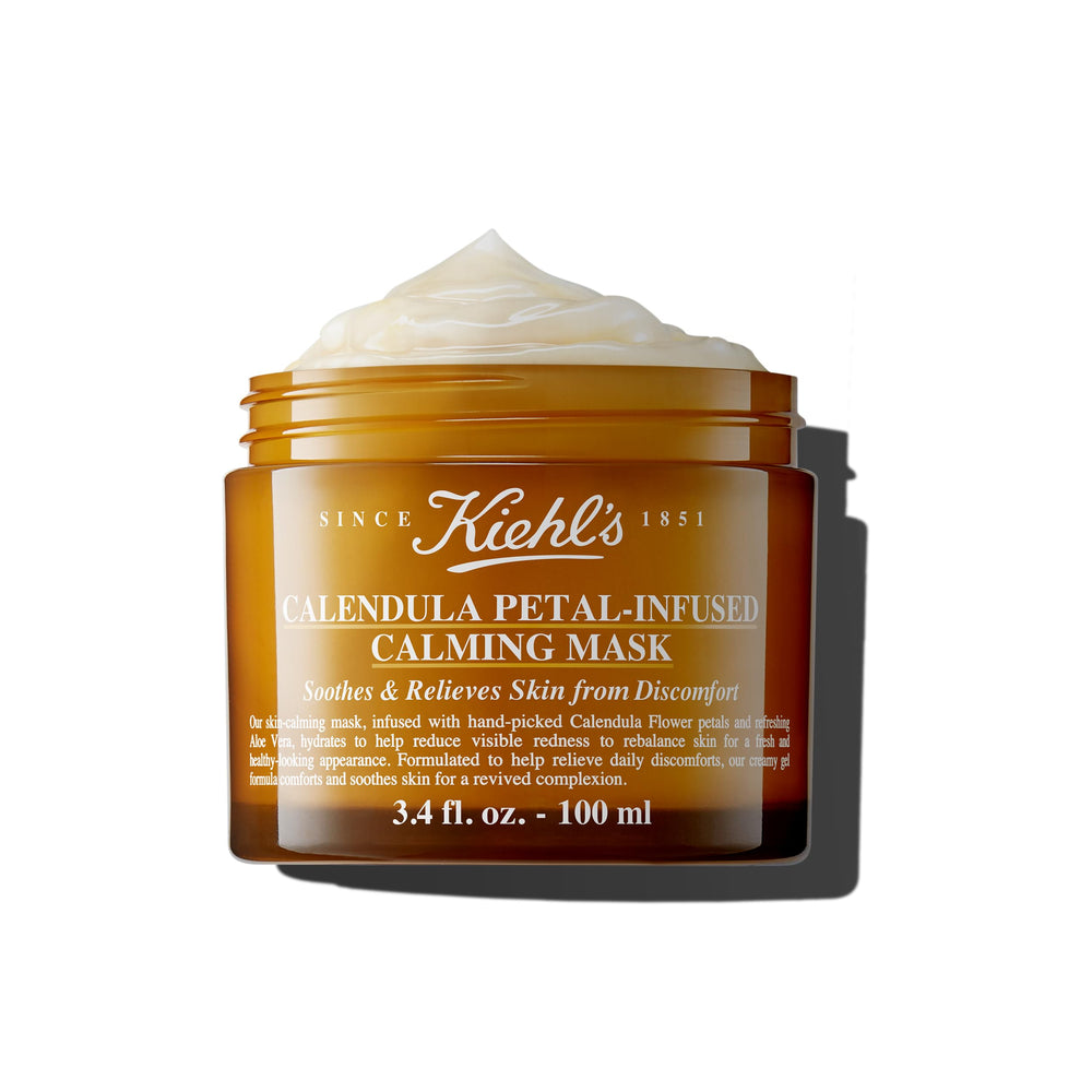 Kiehl's Calendula mask jar highlights calming hydration for all skin types.
