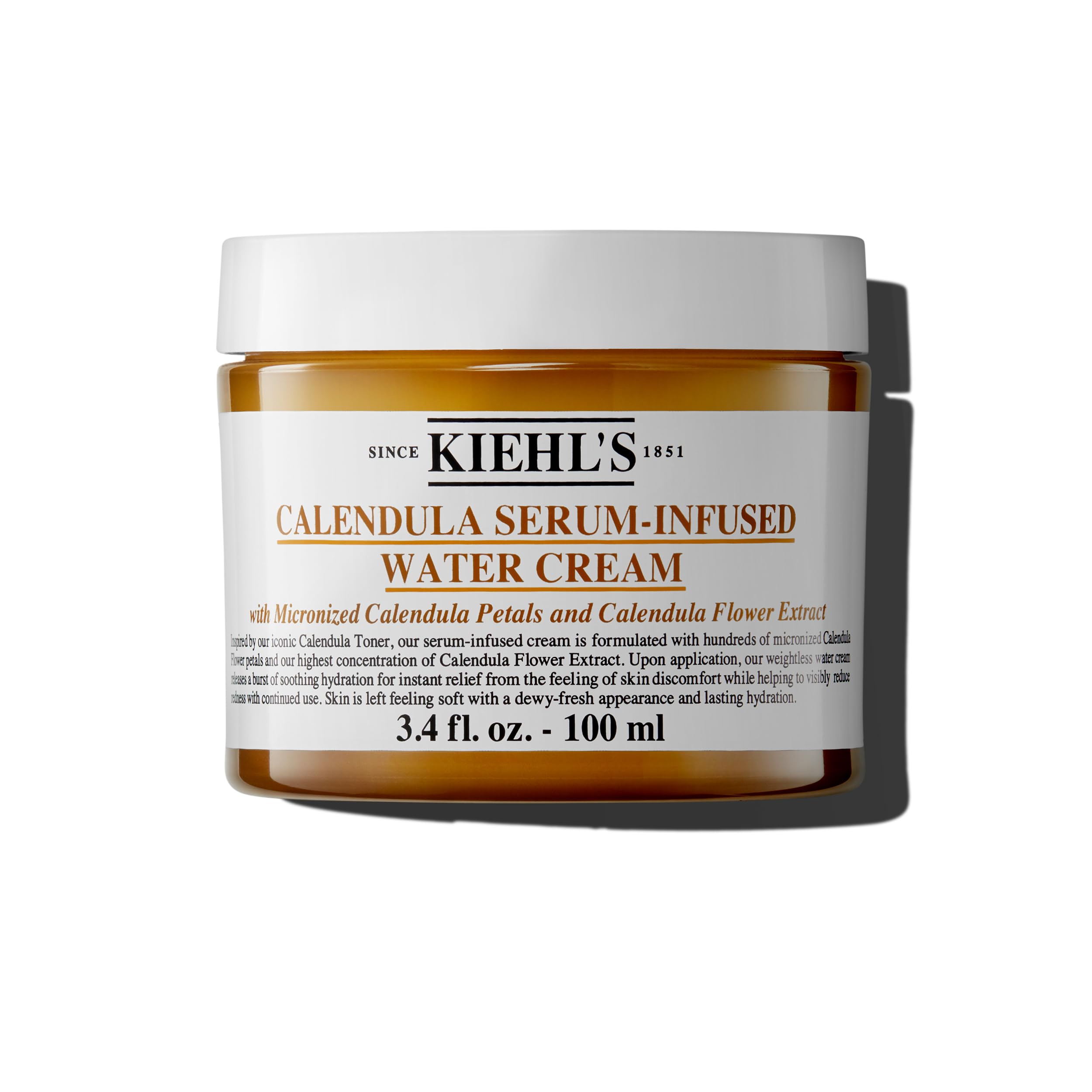 Kiehl's Calendula Serum Infused Water Cream jar close-up for soothing, all-day hydration